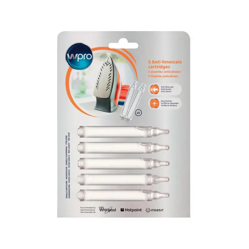 5 dosettes antitartre (5 x 6 ml) pour central à vapeur/ fer à repasser, compatible Whirpool - 484000008409